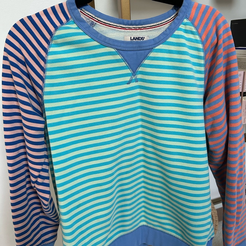 Lands' End Striped Sweatshirt in Blue, Aqua & Coral